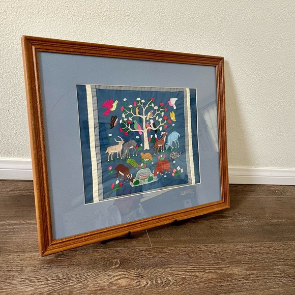 Framed Embroidered Animal Tree Art in Blue Mat 18/22 Inch - Picture 11 of 11